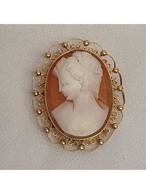 Alice Caviness Cameo Brooch Set In 12K GE Carved Shell 1.5"